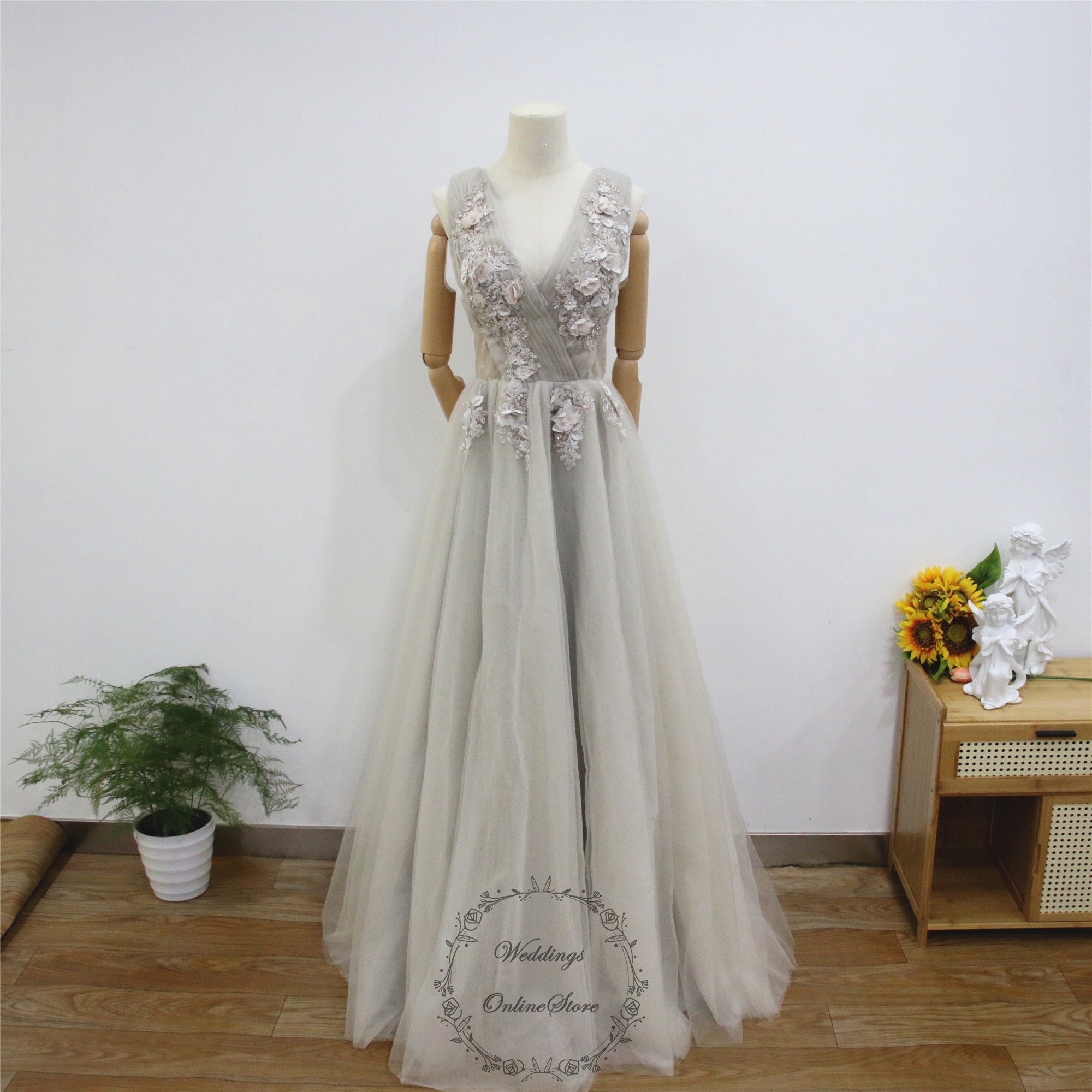 bride dress grey lace top bridesmaid dress