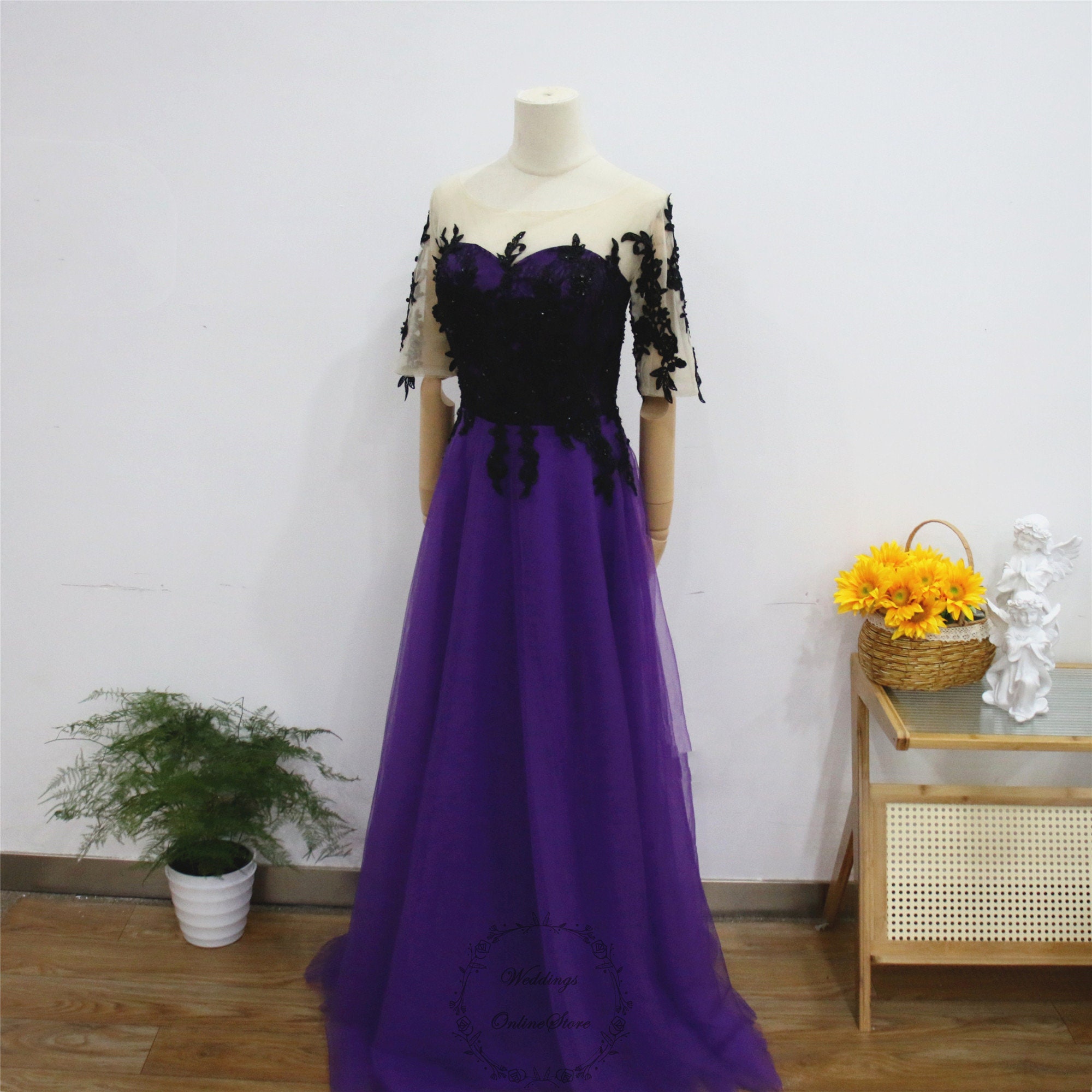 Dark Purple Prom Dress, Black Lace Applique Evening Dress, Floral Party Dress,Half Sleeve Formal Gown,Long Tulle Party Gown, Boat Neck Dress