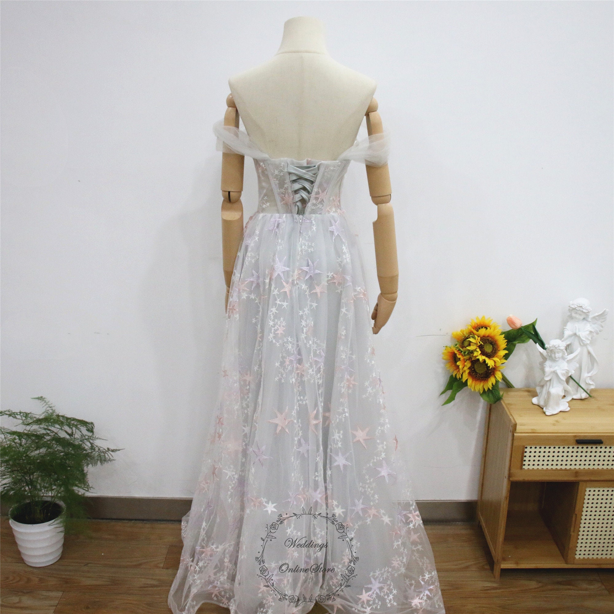 Star Embroidery Prom Dress, Long Gray Party Dress, Off Shoulder Graduation Gown, Star Bridesmaid Gown, Celestial Bridal Gown, Floor Length