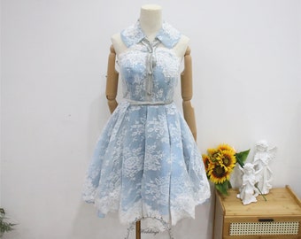 Pale Blue Lace Short Prom Dress, Collared Mini Party Gown, Flower Evening Dress, Fairy Tulle Graduation Dress, Sleeveless Homecoming Gown