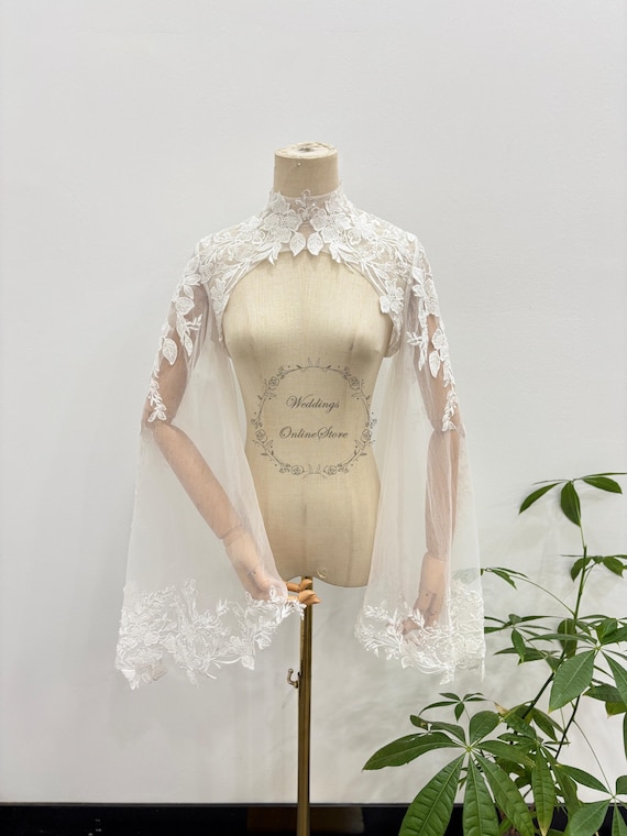 Floral Lace Bolero, Detachable Long Bell Sleeve, Elegant Bridal