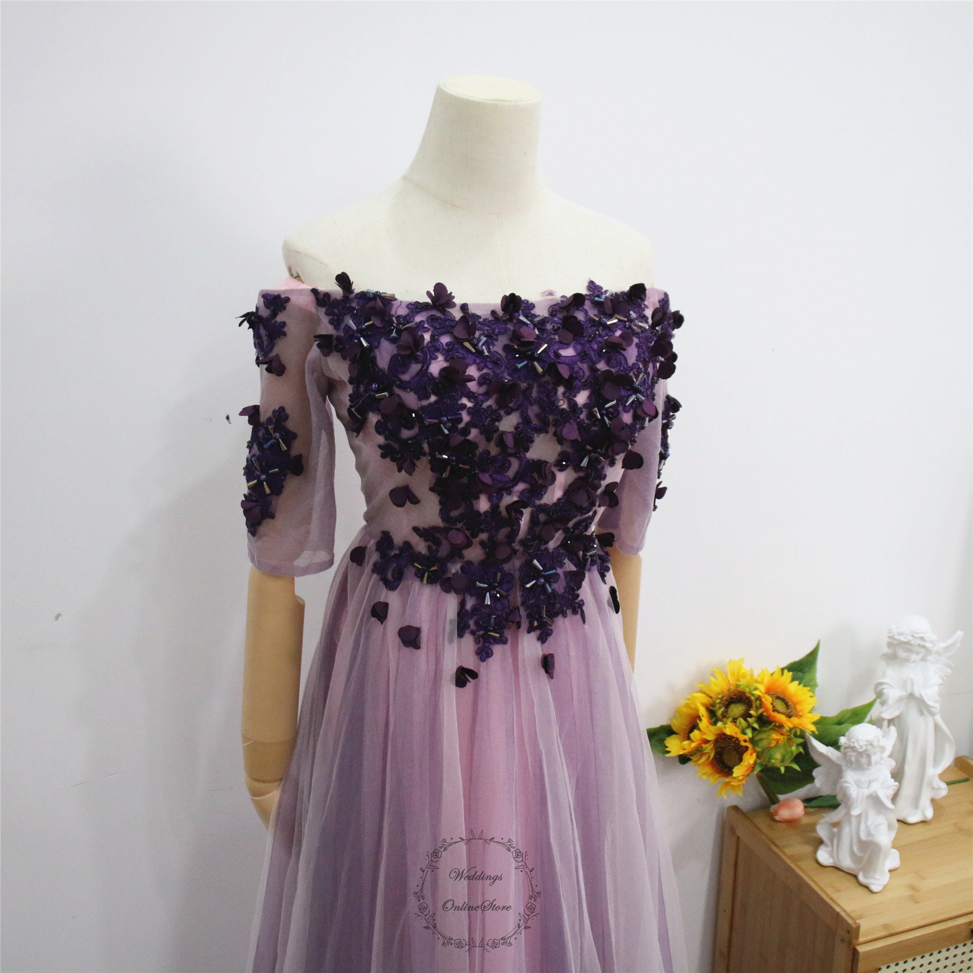 purple lace off the shoulder dress Meadow Lilac A Line Off the Shoulder Lace Tulle Prom Dress With Slit Lilac / 6