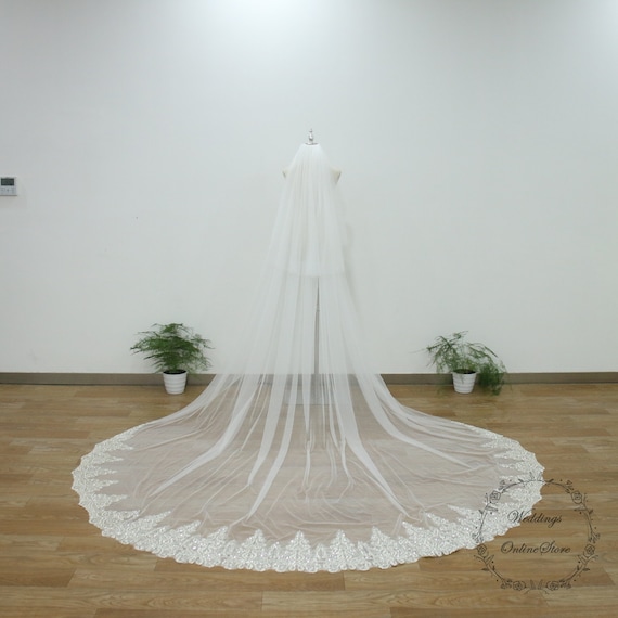 Ivory Two Layer Wedding Veil with Sequins and Gold Trim Gold Lace Cathedral Wedding Veil, Sequins & Beads, Ivory  main image 3