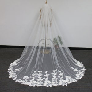 Vintage Floral Lace Veil, Ivory Tulle Wedding Veil, Bridal Chapel Veil, Floral Veil, Long Cathedral Veil, Lace Veil, 1 Tier Veil with Comb
