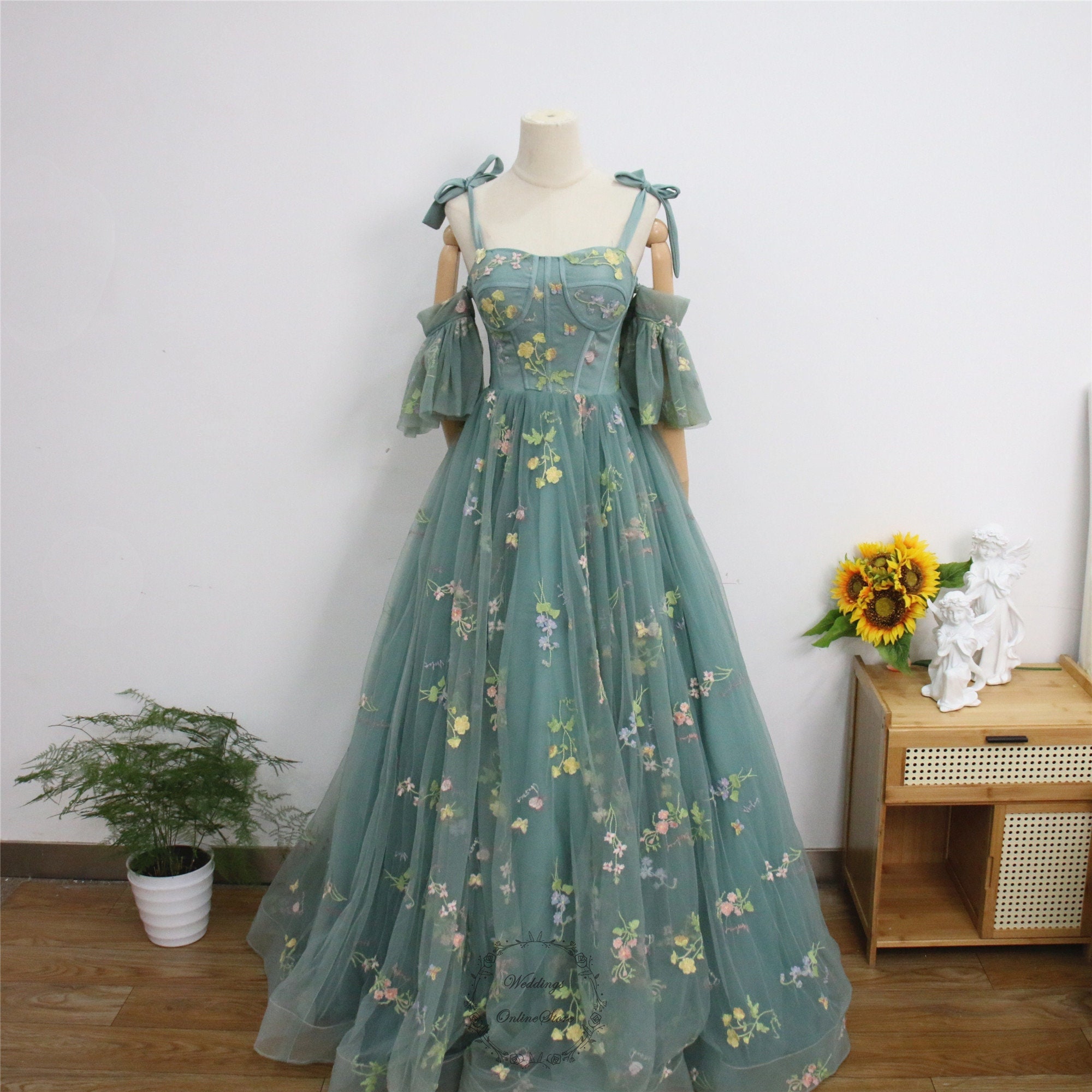 enchanted forest prom dresses Tulle Evening Long Sleeves Off Shoulder romantic touch Enchanted Forest Green Quince Dress