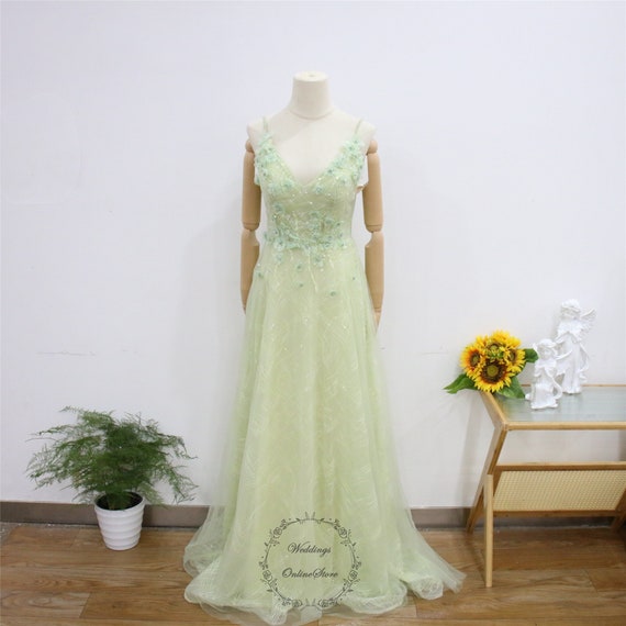 Fairy Light Green Prom Dress, 3D Flower Party Dress, Deep V Evening Dress with Spaghetti Straps, Sleeveless Graduation Gown,Lace Bridal Gown Fairy Light Green Prom Dress, 3D Flower Party Dress, Deep V Evening Dress with Spaghetti Straps, Sleeveless Graduation Gown,Lace Bridal Gown