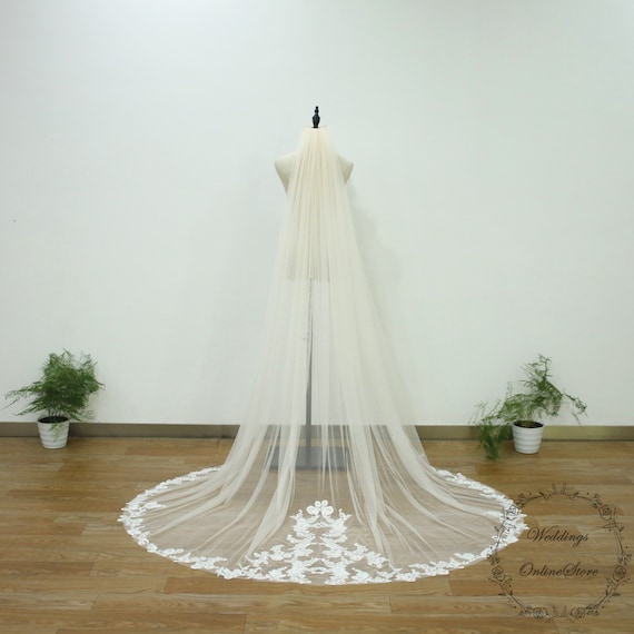 Champagne Bridal Cathedral Wedding Veil with Comb Sequins Appliques Tulle  Veil