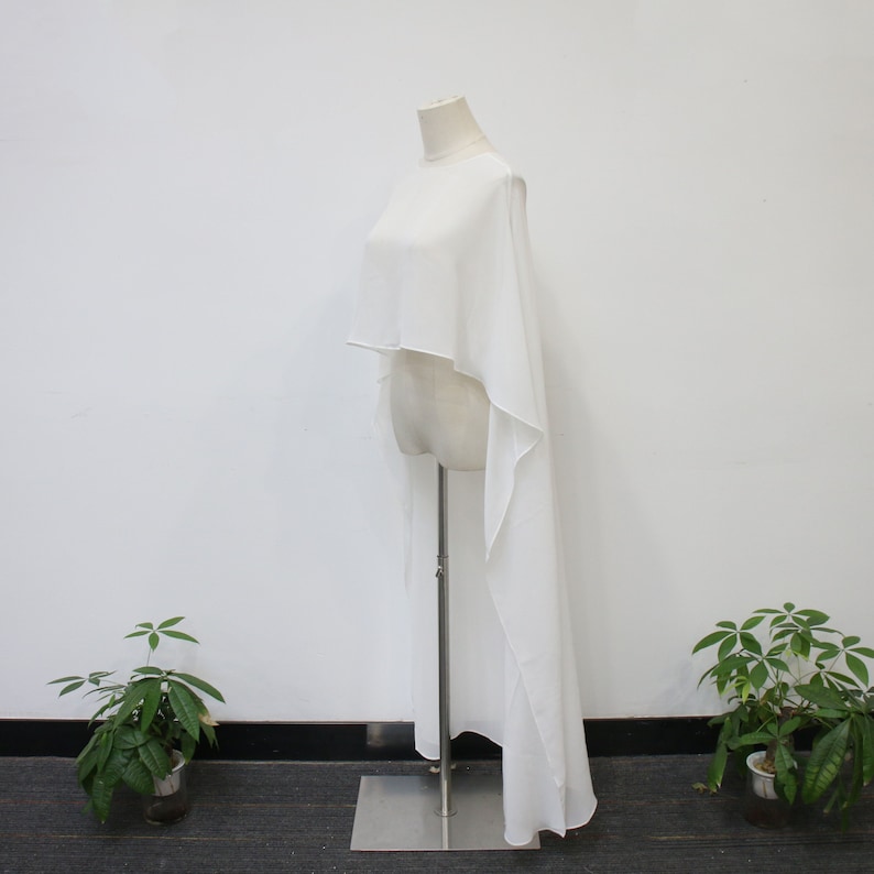 White Chiffon Long Shawl Cloak, Minimalist Bridal Wedding Cape Veil, Wedding Shoot Cape, Elegant Forest Shawl Cloak, Custom Bridal Veil image 1