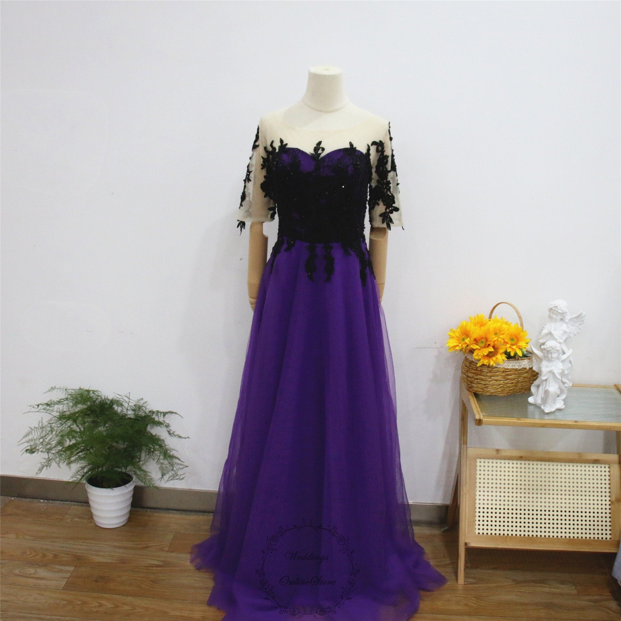 Dark Purple Prom Dress, Black Lace Applique Evening Dress, Floral Party Dress,Half Sleeve Formal Gown,Long Tulle Party Gown, Boat Neck Dress