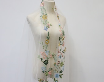 Bloemenkant bruidssluier, kathedraalsluier met kanten rand, kleurrijke bloem groene bladsluier, ivoren sluier, vintage kantsluier, enkellaags sluier met kam