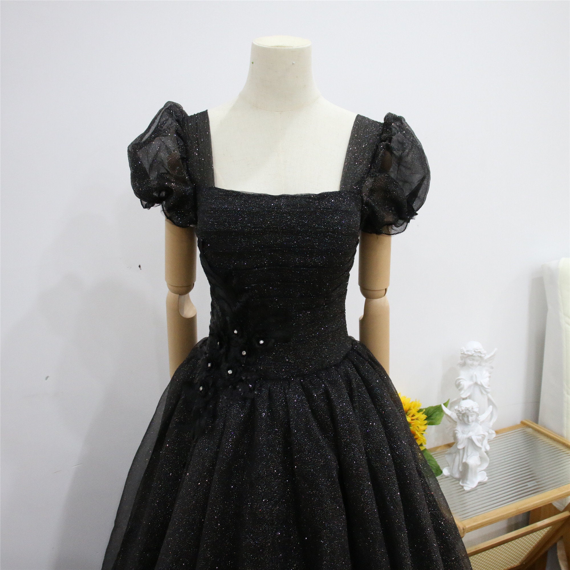 black sparkly graduation dress Black Tulle A Line Sequin Long Prom Dress Glitter Graduation Evening D MyGirlProm.com