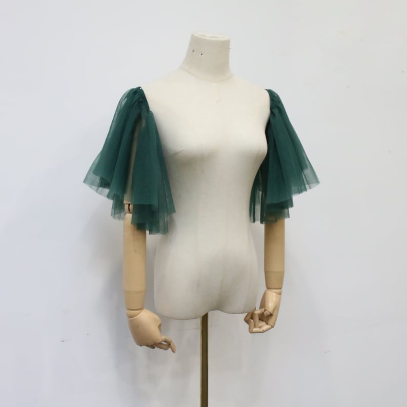 Detachable Green Tulle Sleeve, Short Wedding Sleeve, Removable Bridal Sleeves, Vintage Sleeve, Tulle Bridal Sleeves, Custom Bridal Accessory image 4