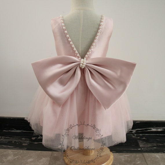 Removable Bow Flower Girl Dress, Baby Girl Pink Satin Dress, Pearl Tutu  Party Dress, Tulle Toddler Birthday Gown,girl Custom Sleeveless Gown - Etsy