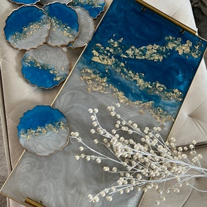 Resin tray / big resin tray / blue tray / blue and gold tray / grey and blue tray / home decor / best gift for any occasion