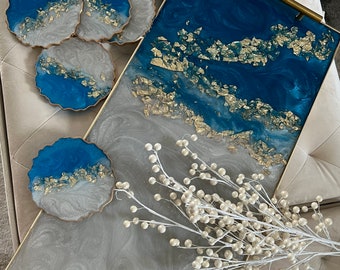 Resin tray / big resin tray / blue tray / blue and gold tray / grey and blue tray / home decor / best gift for any occasion
