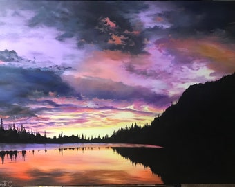 May include: A painting depicting a lake with a mountain in the background. The sky is a vibrant purple and orange with clouds. The lake is reflecting the colours of the sky.