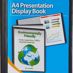 May include: A black A4 presentation display book with a blue cover. The book features a white label with the text "Environmentally Friendly" and a globe graphic with recycling arrows. The cover is made from 100% recycled materials.