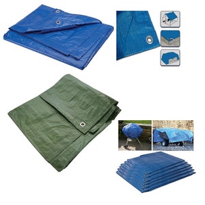 May include: A set of blue and green tarpaulins, with eyelets, for covering outdoor items. The tarpaulins are shown folded and unfolded, and being used to cover a barbecue and a trailer.