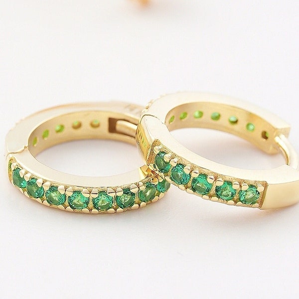 10K Emerald Earrings ,14K Emerald Huggie, 6mm 7mm 9mm Hoop, Gift For Doughter,18K May Birthstone Earring,Solid Gold Emerald Huggies Gift