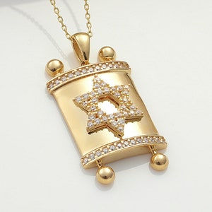 14K Torah Magen David Charm Hanger Torah Charm Ketting Solid Gold 14K 18K, 14k Judaïca Sieraden