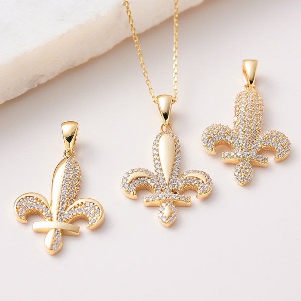 10K Fleur de lis Pendant-14K Lily French Royal Symbol (Königslilie) Pave Pendant,18K Lily Necklace Solid Gold, 14K Lily Necklace 10K