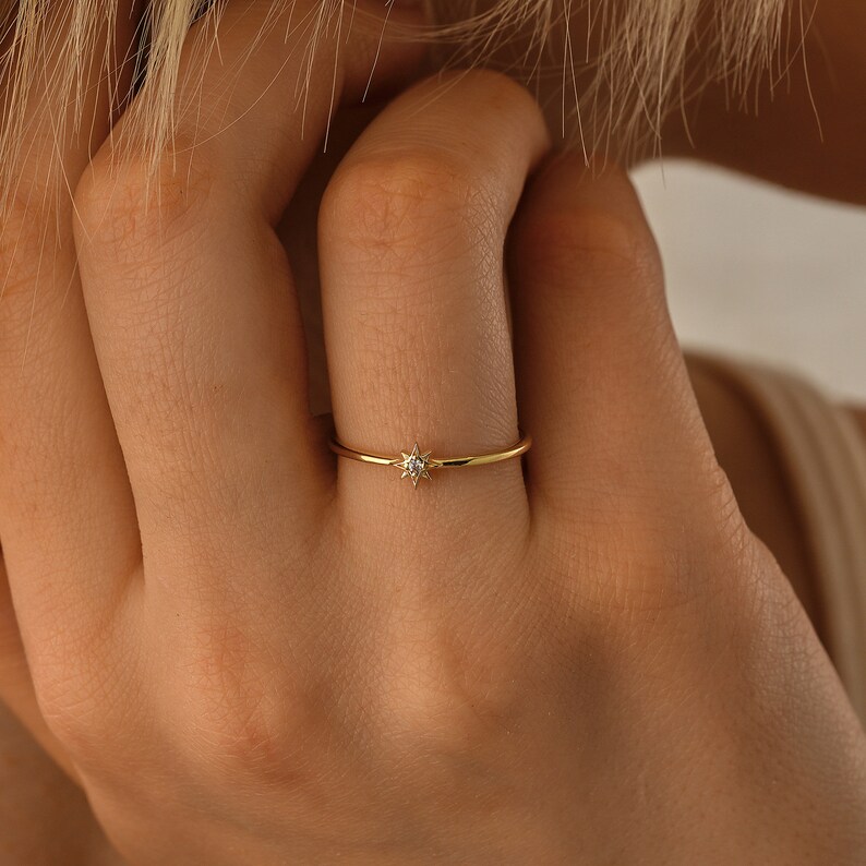 10K North Star Ring, Stacking 14K North Star Ring, Tiny 18K North Star Ring, 10K Ring Gift for her, 14K Gold Star Jewelry,14k Starburst ring image 9