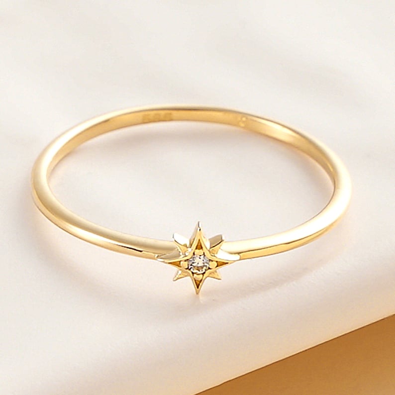 10K North Star Ring, Stacking 14K North Star Ring, Tiny 18K North Star Ring, 10K Ring Gift for her, 14K Gold Star Jewelry,14k Starburst ring image 2