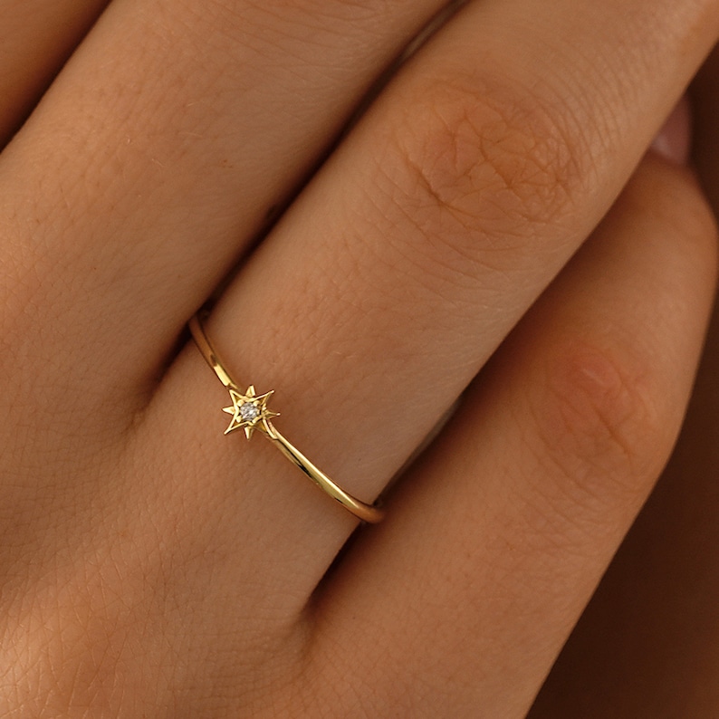 10K North Star Ring, Stacking 14K North Star Ring, Tiny 18K North Star Ring, 10K Ring Gift for her, 14K Gold Star Jewelry,14k Starburst ring image 4