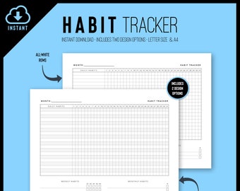 May include: Printable habit tracker with two design options: all-white rows and alternating gray rows. The tracker includes sections for daily, weekly, and monthly habits. The text "HABIT TRACKER" is at the top of the page.