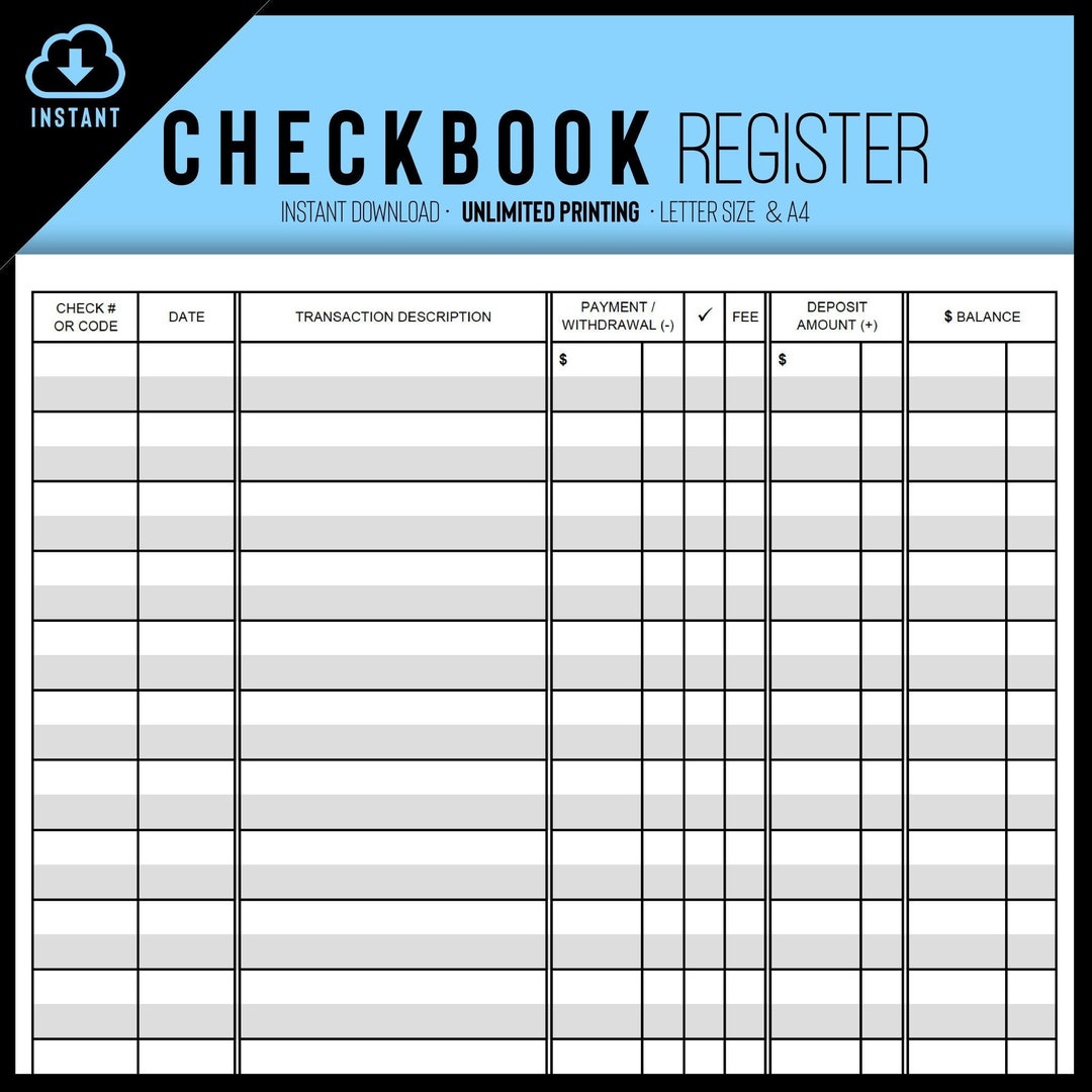 Checkbook Register PRINTABLE, Transaction Register PDF, Checkbook ...