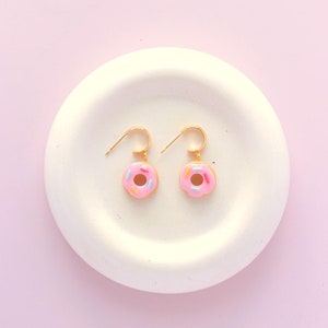 Pink Donut Dangle Earrings: Polymer Clay Sprinkles, 14k Gold Post