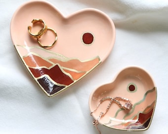 Nature's Canvas: Desert Sunrise Landscape Decorative Heart Shaped Ring Dish | Nature Lovers | Vanity Tray | Catchall | Jewelry Dish | Pink