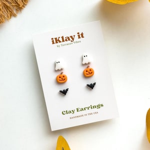 Mini Halloween Stud Earrings: Polymer Clay Ghost, Jack-o'-Lantern, Bat