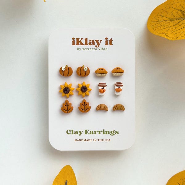 Autumn Mini Stud Earrings Pack - Polymer Clay Coffee, Pumpkin, Sunflower, Croissant, Fall Leaf, Pie Designs