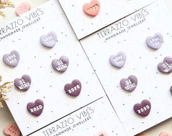 Valentine's Boho Chic – Purple/Pink Conversation Hearts Polymer Clay Stud Pack Earrings