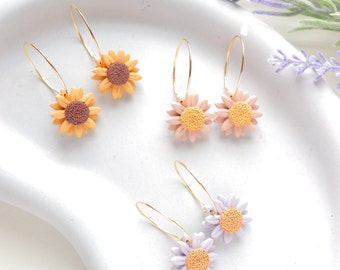 Daisy Flower Gold Plated Hoop Earrings | Pink, Purple, Yellow, Gold | Spring Floral Earrings | Lightweight | Gifts for Her