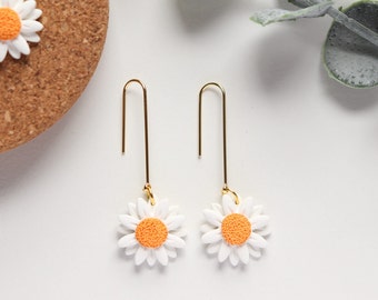 White Daisy Flower Gold Plated Long Hook Earrings | White, Gold | Spring Floral Earrings | Lightweight | Gifts for Her