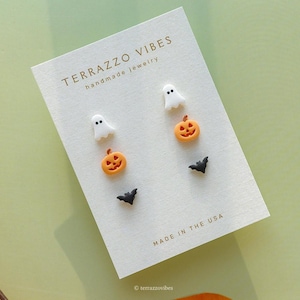 Mini Halloween Stud Earrings: Polymer Clay Ghost, Jack-o'-Lantern, Bat
