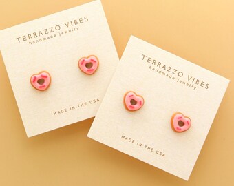Pink Sprinkle Heart Donut Stud Earrings – Handmade Valentine’s Mini Earrings, Food Jewelry, Polymer Clay Gift for Her