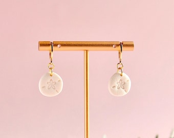 Sand Dollar Gold Plated Earrings: Nautical Polymer Clay Drop