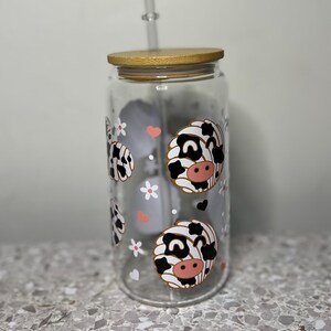 Cow Concha Iced Coffee Glass Cup: 16 oz with Bamboo Lid & Straw