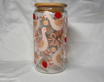 Duck Strawberry Glass Tumbler: Iced Coffee Cup with Bamboo Lid