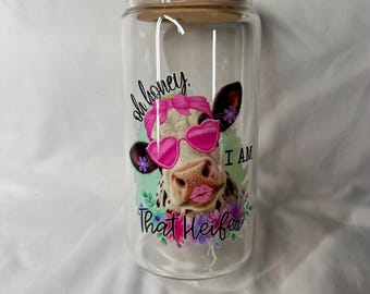 I Am That Heifer Cow Glass Tumbler: Iced Coffee Cup with Bamboo Lid
