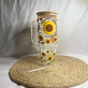 Sunflower Glass Cup with Bamboo Lid & Straw - 40oz Iced Coffee Cup