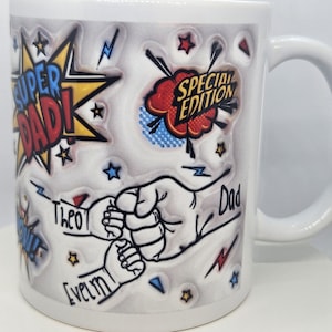 Personalizowany kubek z pięścią „Super tata” – spersonalizowane imiona dzieci – prezent na Dzień Ojca – dodaj od 1 do 5 imion dzieci