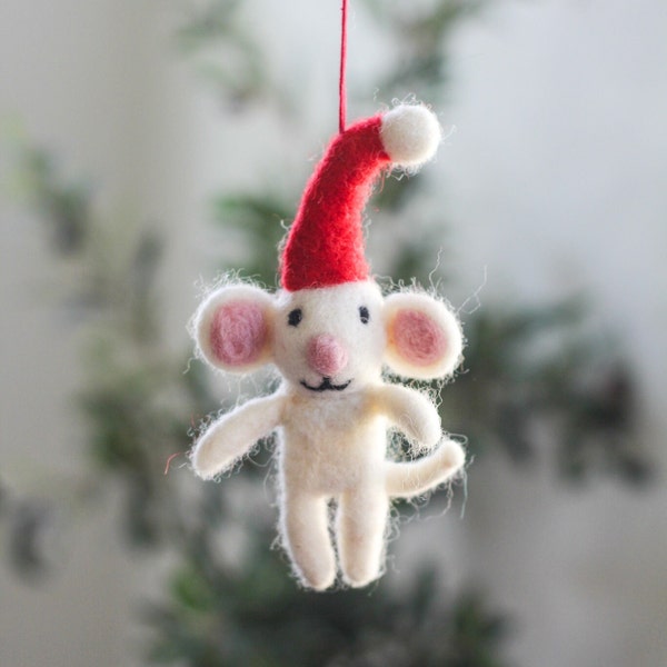 Christmas Mouse Ornament, Santa Mouse Ornament, Wool Ornament, Handmade Mouse, Felted Wool Fair Trade Christmas Decor, Handmade in Nepal