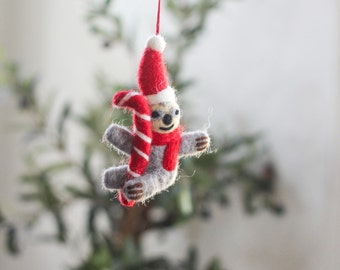 Felted Sloth Ornament, Sloth Christmas Ornament, Handmade Christmas Sloth, Christmas Tree Decor, Wool Ornament, Santa Sloth Animal Ornament