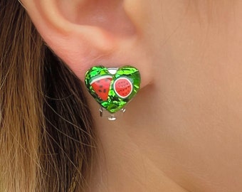 Heart Shaped Watermelon Clip-on Earrings