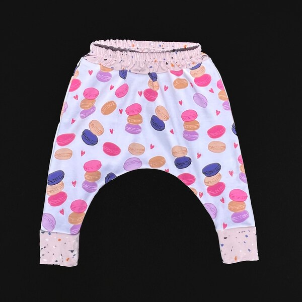 Macaroon Print with Terrazzo Contrast - Cloth Diaper Friendly, Drop Crotch, U-shaped, Stretch Pants