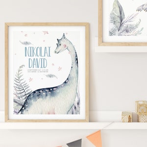 Geburtsposter Dino watercolour personalisiert Namensposter Geburtsanzeige Geburtsdaten Posterset A3 A4 Kunstdruck Kinderzimmer Babyzimmer